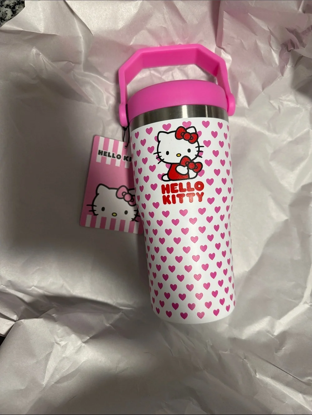 Hello Kitty Pink and White Heart Stainless Kids Bottle with Handle 20oz